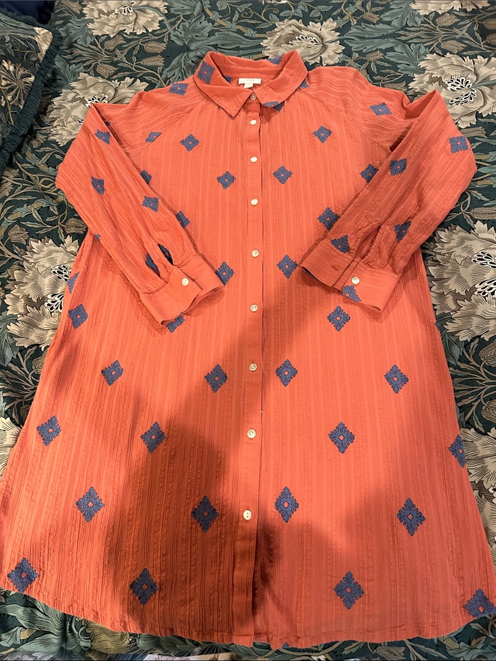 J.Jill Button-Front Coral Shirt Dress with Blue Embroidery